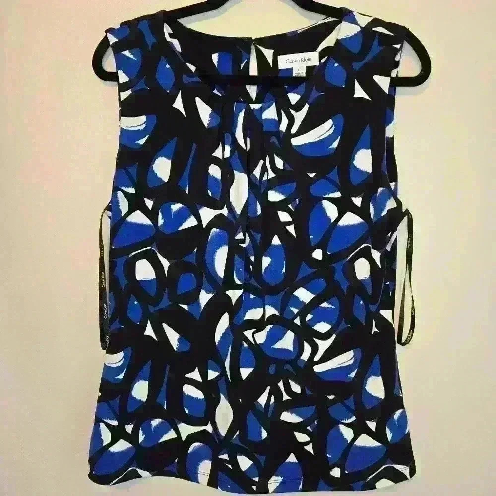 Calvin Klein Geometric Print Sleeveless Top Blue and Black Size L Officecore